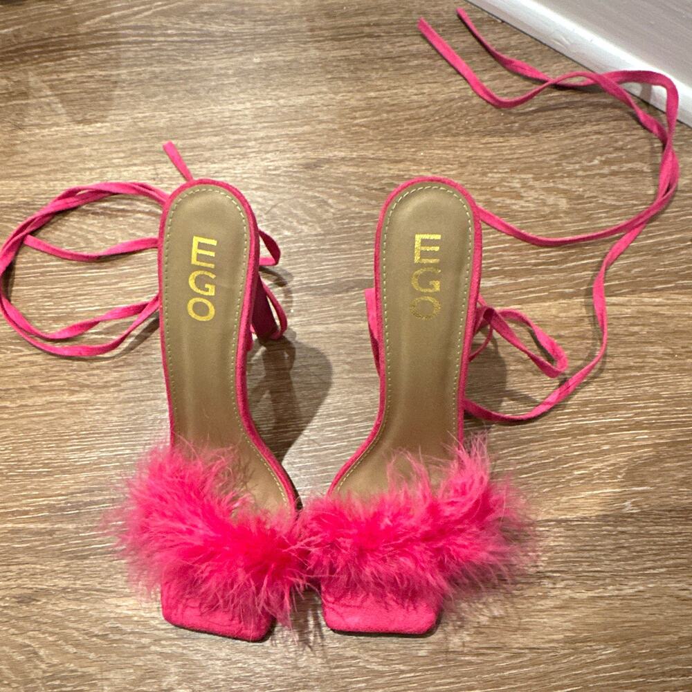 EGO Aubrie Pink Feather Strappy Ankle Wrap Tie Stiletto Heels UK 7
